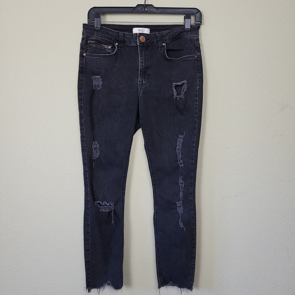 Forever 21 Womens Black Slim Fit Mid Rise Distressed Denim Skinny Jeans Size 26